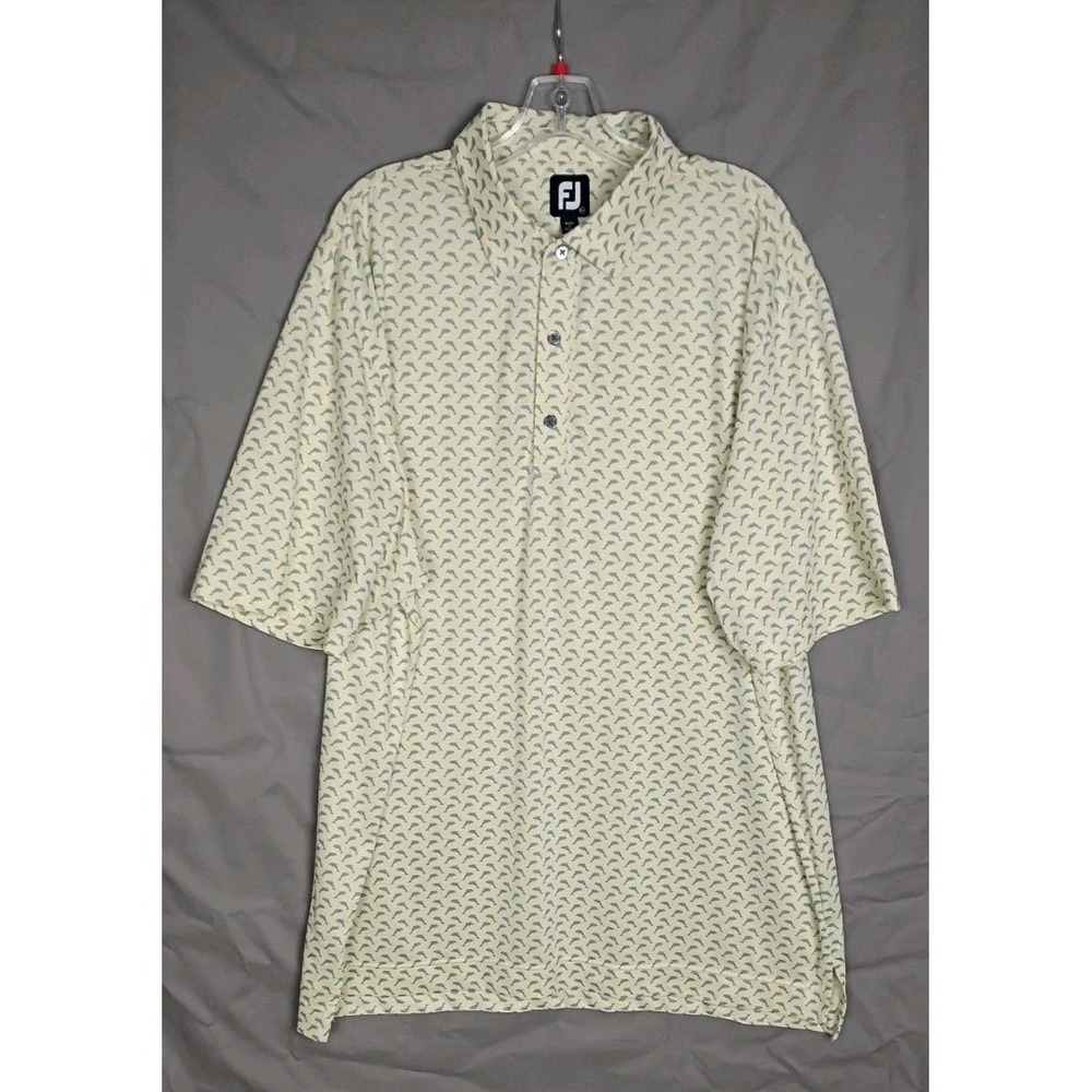 FootJoy Golf Shirt Mens 2XL Yellow Leaping Dolphin Print Embroidered Polyester